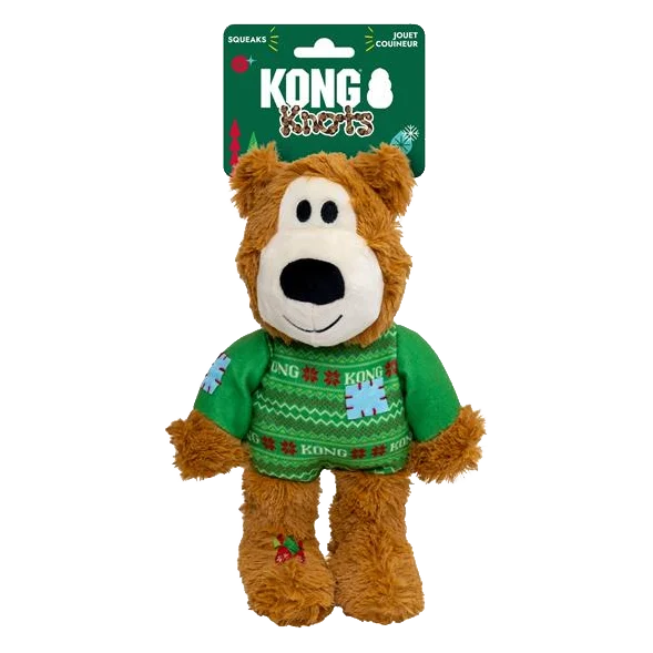 Hračka KONG Holiday Wild Knots Sweater Bear Green Md/Lg, s pískatkom,polyester