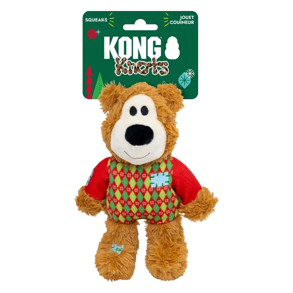 Hračka KONG Holiday Wild Knots Sweater Bear Red Sm/Md, s pískatkom,polyester