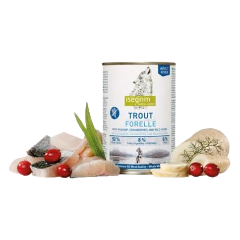 ISEGRIM dog Adult Trout with Parsnip, Cranberries & Wild Herbs bal. 6 x 400 g konzerva