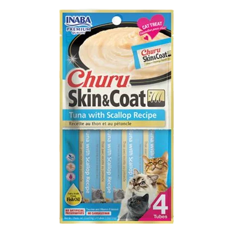 Pamlsok Inaba Churu Skin & Coat cat Tuniak s hrebenatkou 4 tuby 56 g