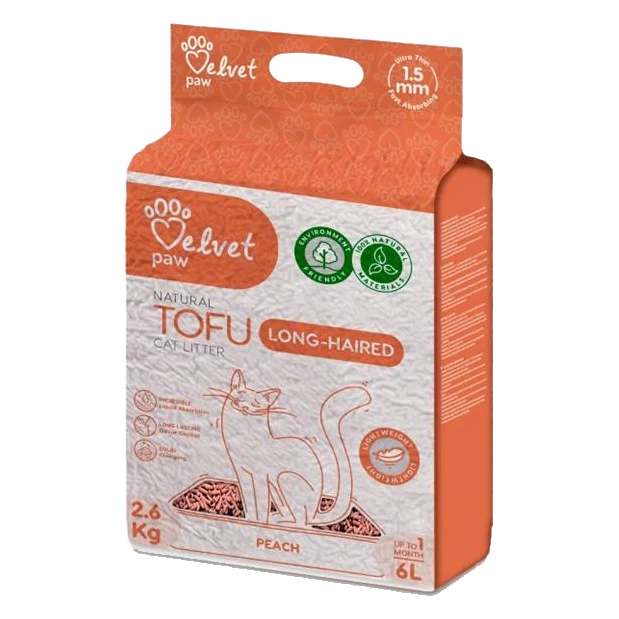 Podstielka pre dlhostrsté mačky Velvet Paw Tofu s broskyňovou esenciou 6 l