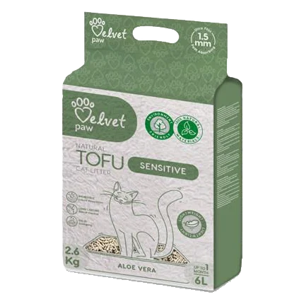 Podstielka pre citlivé mačky Velvet Paw Tofu s aloe vera esenciou  6 l