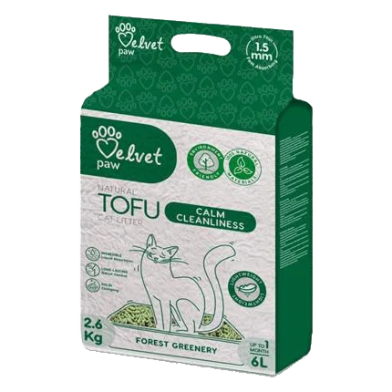 Podstielka pre mačky Velvet Paw Tofu upokojujúca čistota s esenciou lesnej zelene 6 l