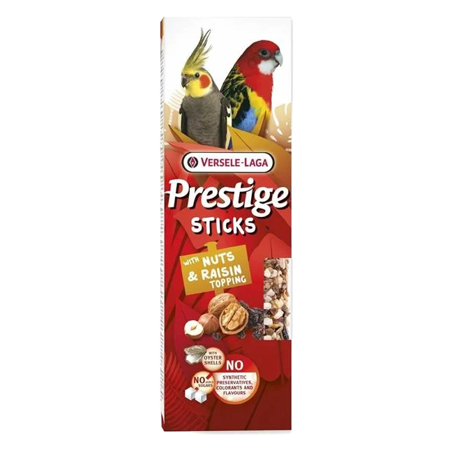 Pamlsok VL Prestige Small Parrots with Nuts & Raisin topping 2 ks- tyčinky pre stredné papagáje orechy a rozenková poleva 60 g