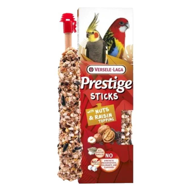 Pamlsok VL Prestige Sticks Big Parakeets with Nut & Raisin topping 2 ks- tyčinka pre stredné papagáje s orechmi a hrozienkovou polevou 140 g