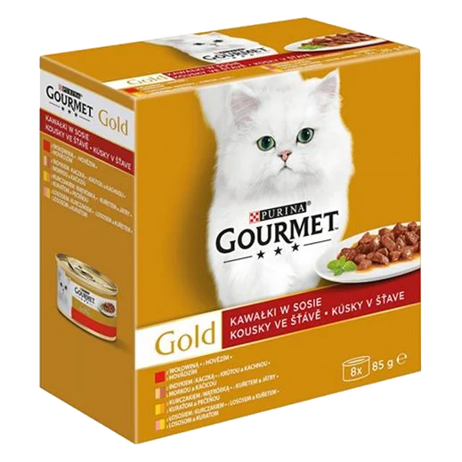 Nestlé GOURMET GOLD Multipack hovädzie, morka s kačicou, losos s kuraťom, kura s pečeňou v šťave konz.8x85 g