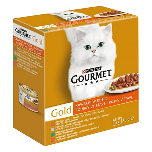 Nestlé GOURMET GOLD Multipack kačica s olivami/teľacim so zeleninou/pstruh so zeleninou/králik s mrkvou v šťave konz.8x85 g