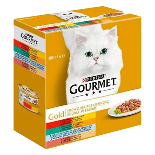 Nestlé GOURMET GOLD Multipack hovädzie s kuraťom, králik s pečeňou, morské ryby so špenatom, kačica s morkou konz.8x85 g