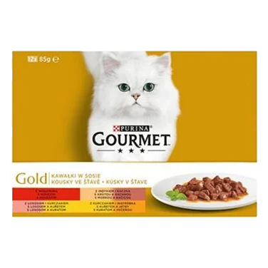 Nestlé GOURMET GOLD Multipack hovädzie, morka s kačicou, losos s kuraťom, kura s pečeňou v šťave konz.12x85 g