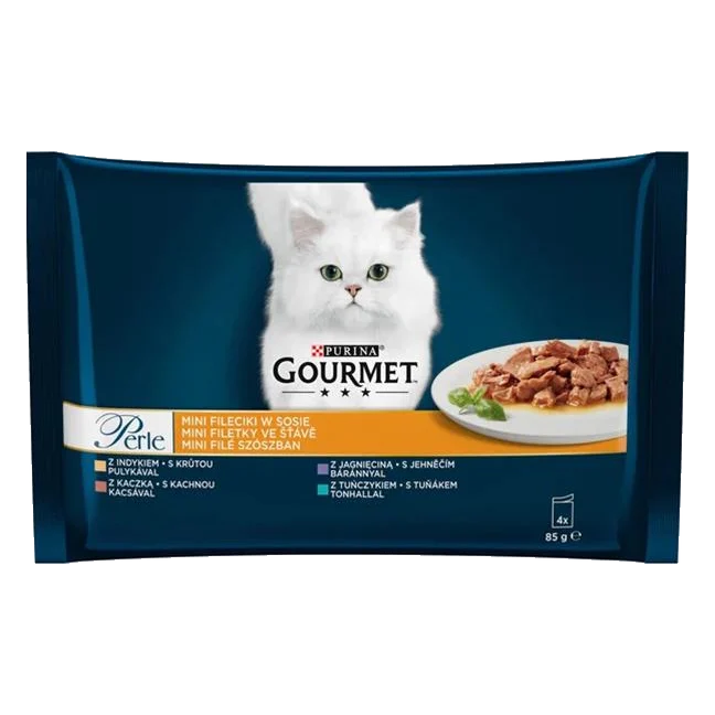 Nestlé GOURMET PERLE cat Multipack mini filetky morka,tuniak,kačka,jah.v šťave 4x85 g