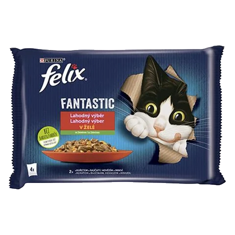 Nestlé FELIX Fantastic cat Multipack kura s rajčinami & hovädzie s mrkvou želé kapsička 4x85 g