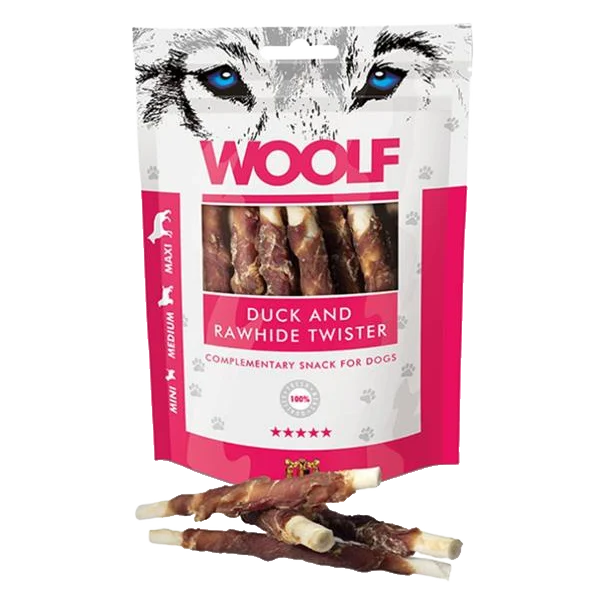 Pamlsok Woolf Dog Duck and Rawhide Twister 100g