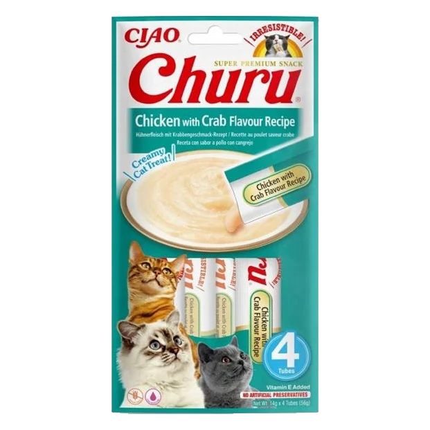 Pamlsok Inaba Churu Pyré cat Kura s krabom 4 tuby 56 g