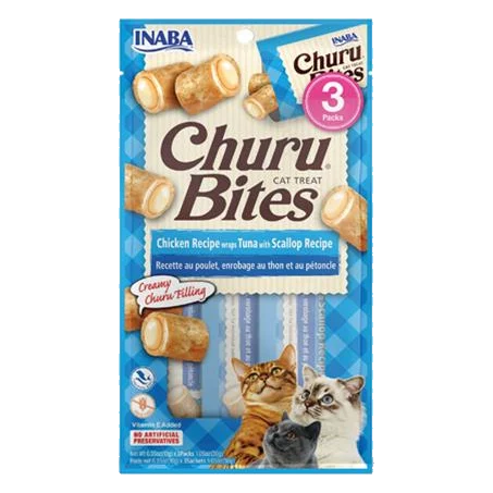 Pamlsok Inaba Churu Bites cat Kura s tuniakom a hrebenatkou 3 tuby 30 g