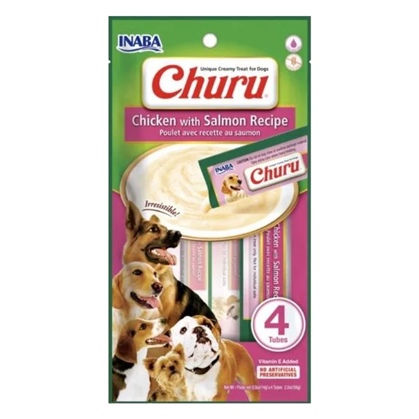 Pamlsok Inaba Churu Pyré dog Kura s lososom 4 tuby 56 g
