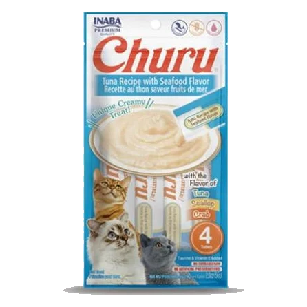 Pamlsok Inaba Churu Pyré cat Tuniak s morskými plodmi 4 tuby 56 g