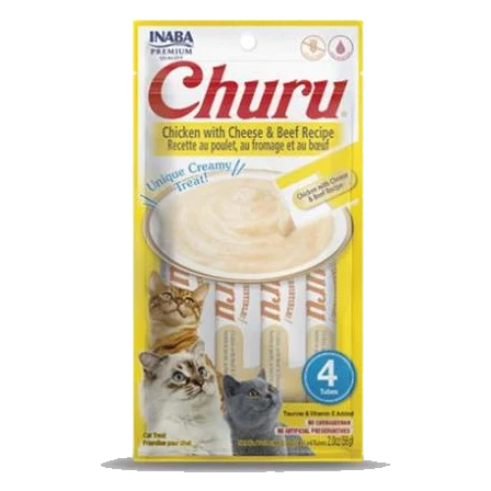 Pamlsok Inaba Churu Pyré cat Kura so syrom a hovädzím mäsom 4 tuby 56 g