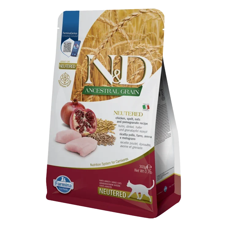 Farmina N&D cat AG adult, neutered, chicken, spelt, oats & pomegranate 0,3 kg
