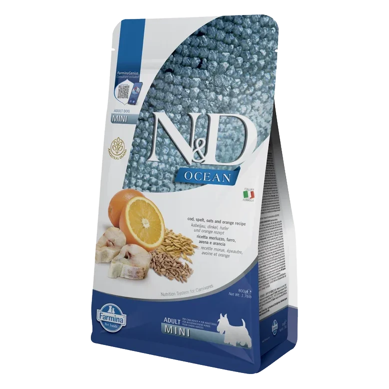 Farmina N&D dog OCEAN (AG) adult mini, codfish, spelt, oats & orange 0,8 kg