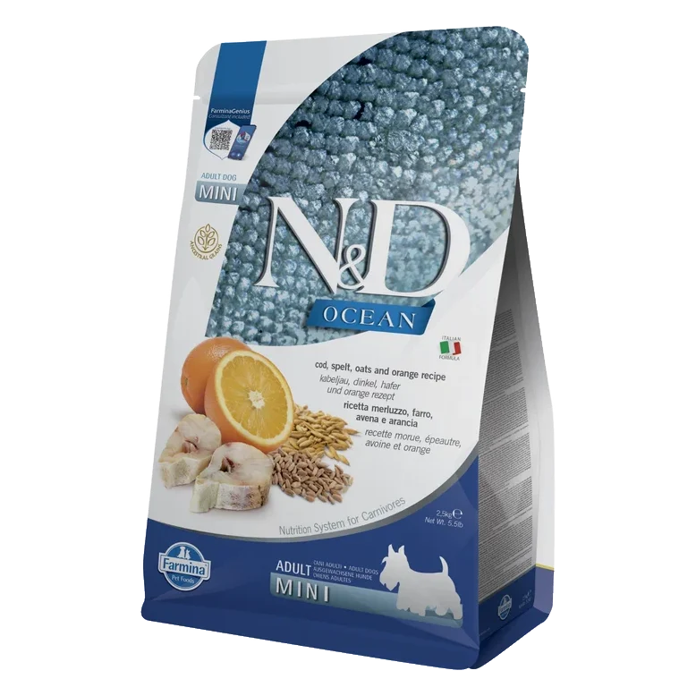 Farmina N&D dog OCEAN (AG) adult mini, codfish, spelt, oats & orange 2,5 kg