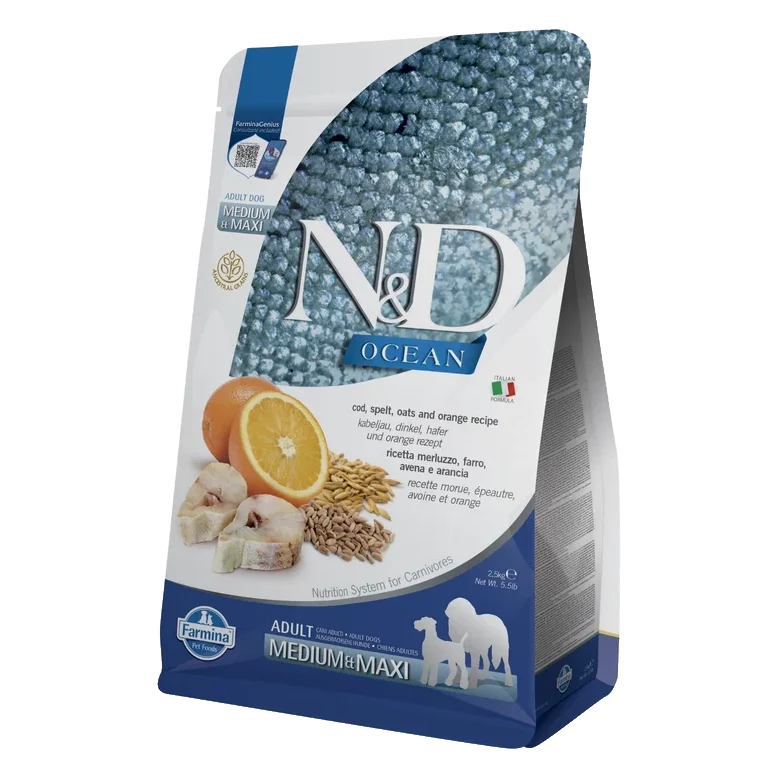 Farmina N&D dog OCEAN (AG) adult medium & maxi, codfish, spelt, oats & orange 2,5 kg