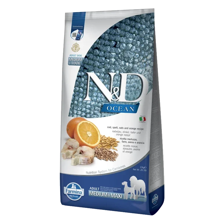 Farmina N&D dog OCEAN (AG) adult medium & maxi, codfish, spelt, oats & orange 12 kg