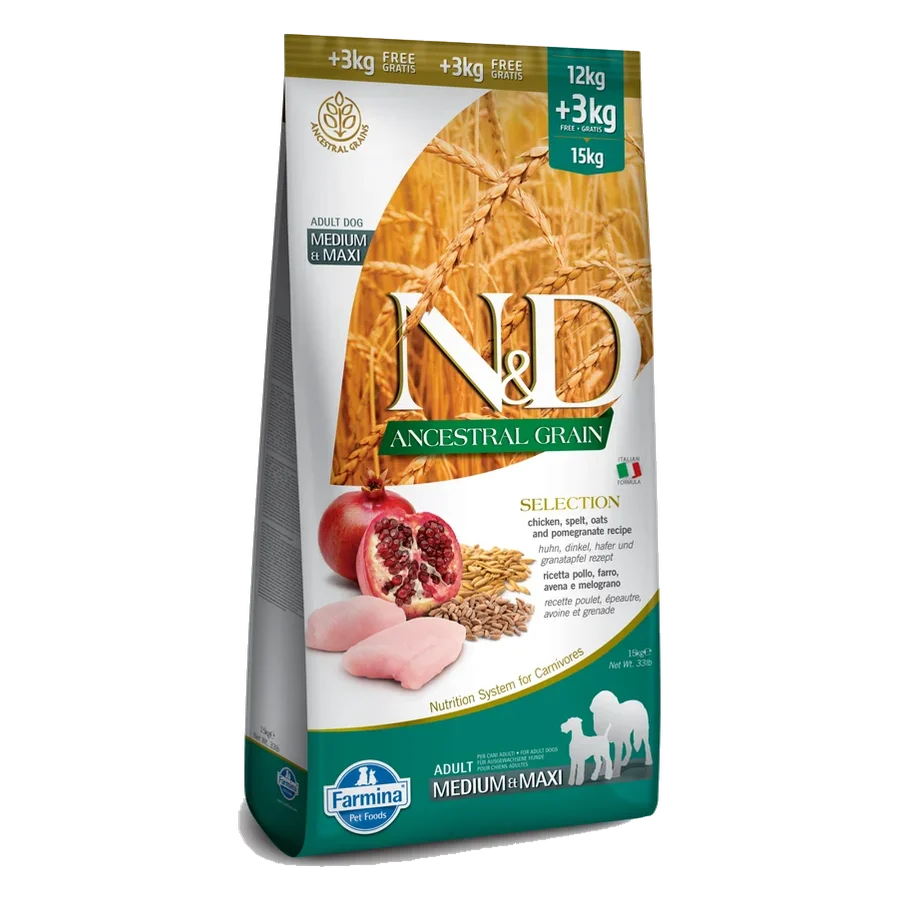 Farmina N&D dog AG SELECTION adult medium & maxi, chicken, spelt, oats & pomegranate 12 kg + 3 kg