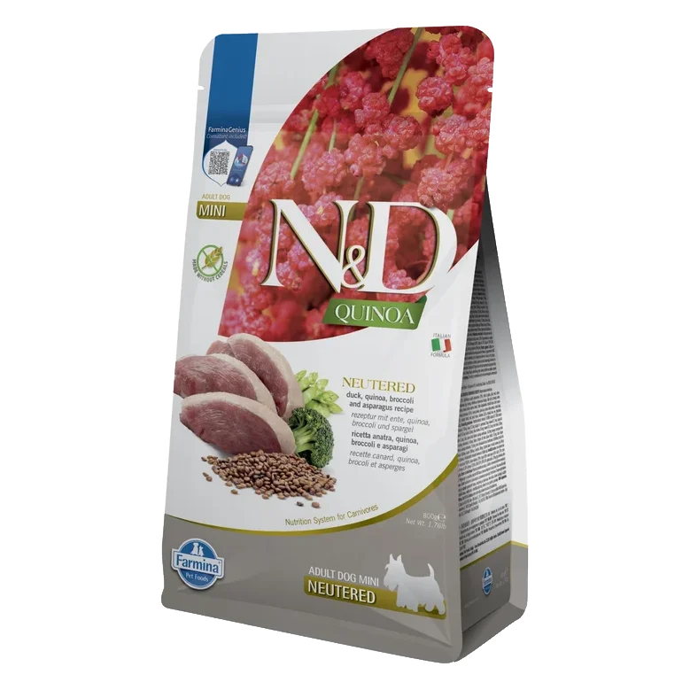 Farmina N&D dog QUINOA (GF) adult mini, neutered, duck, broccoli & asparagus 0,8 kg