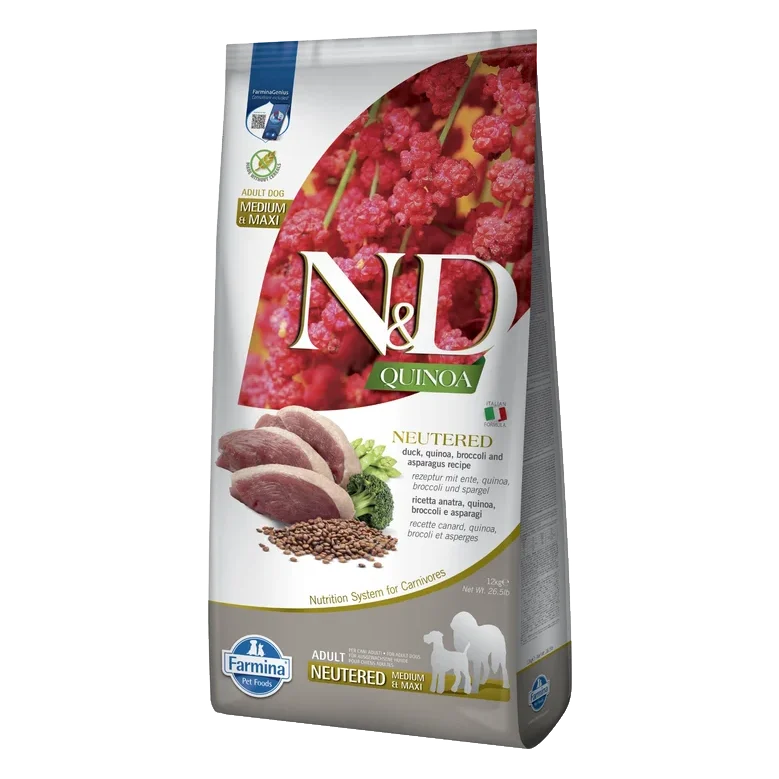 Farmina N&D dog QUINOA (GF) adult medium & maxi, neutered, duck, broccoli & asparagus 12 kg