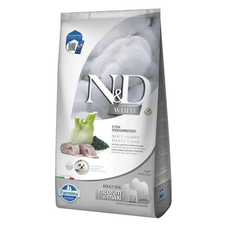 Farmina N&D dog WHITE (GF) adult med/max, sea bass, spirulina & fenel 7 kg
