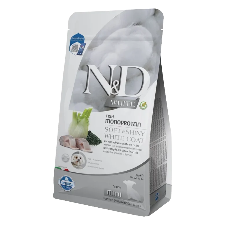 Farmina N&D dog WHITE (GF) puppy mini, sea bass, spirulina & fenel 1,5 kg