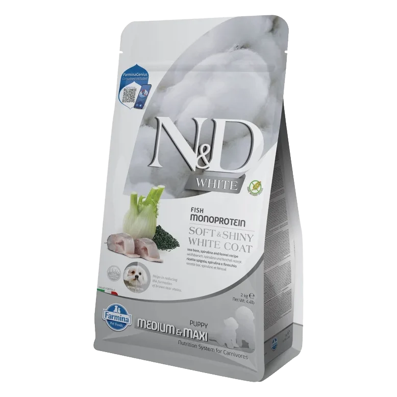 Farmina N&D dog WHITE (GF) puppy med/max, sea bass, spirulina & fenel 2 kg