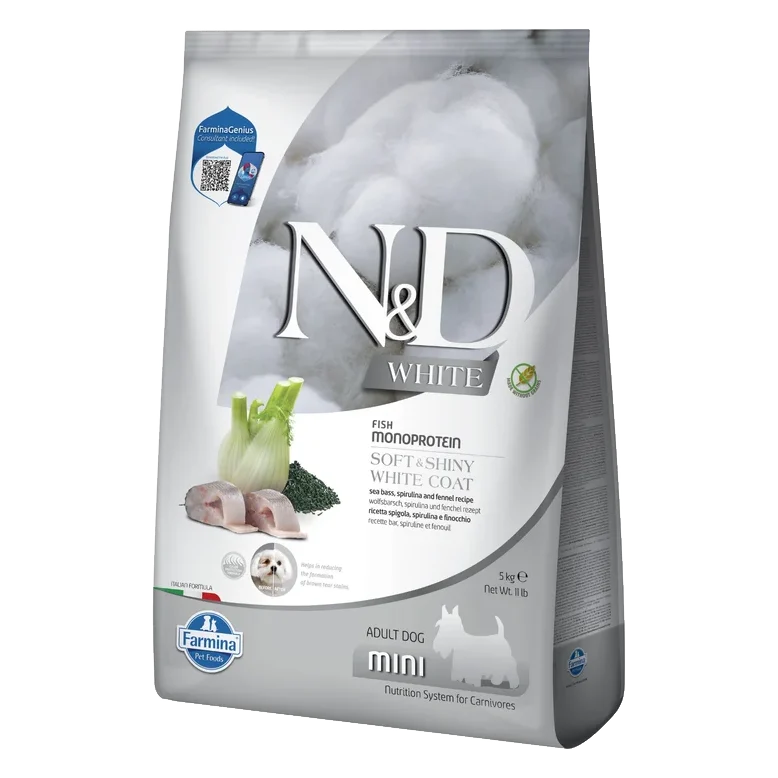 Farmina N&D dog WHITE (GF) adult mini, sea bass, spirulina & fenel 5 kg